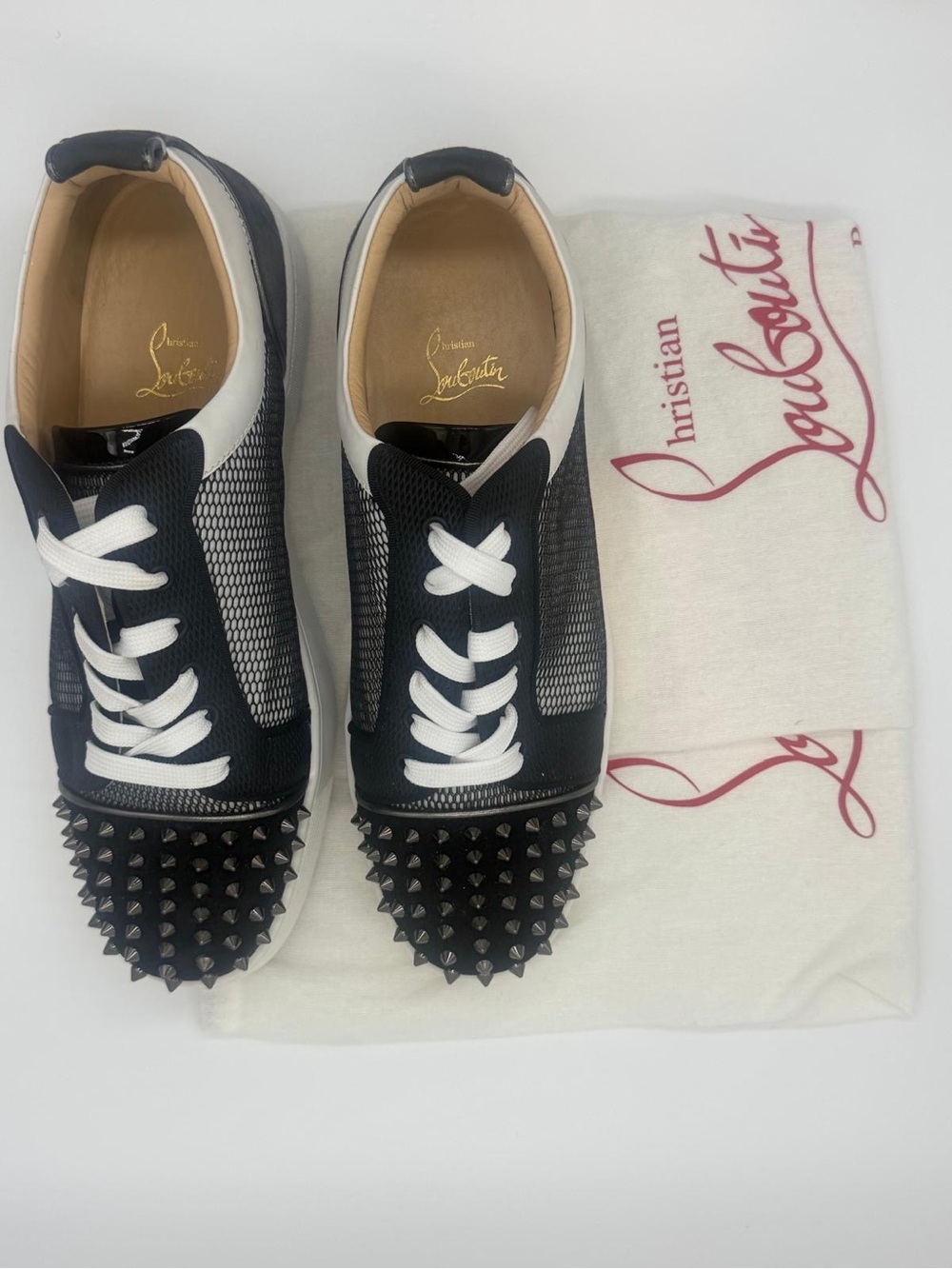 Christian Louboutin Black & White Spiked Toe Low-Top Sneakers